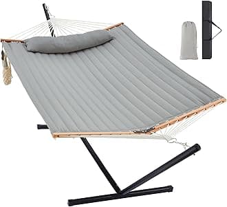 Two Person Hammock with Stand for Outside Heavy Duty, Outdoor Patio Hammock with Portable Steel Stand, Large Double Hammocks,480lbs Capacity.(Middle Grey)