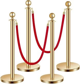 VEVOR Stanchions and Velvet Ropes 4Pcs, Hollow Base with Stainless Steel Post, 2 Red Velvet Ropes and Posts, Crowd Control Barriers Gold Stanchions, Red Carpet Runner Poles for Party Supplies