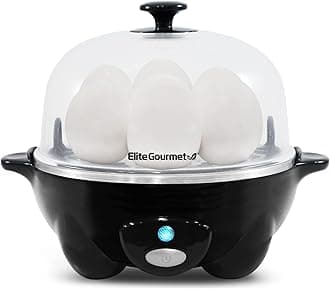 Elite Gourmet EGC-007B# Rapid Egg Cooker, 7 Easy-To-Peel, Hard, Medium, Soft Boiled Eggs, Poacher, Omelet Maker, Auto Shut-Off, Alarm, 16-Recipe Booklet, Black