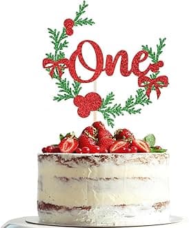 Christmas Wreath One Cake Topper Red Green Merry Christmas Cake Topper 1st Birthday Boy Girl Cake Decorations for Xmas Holiday Baby shower First Birthday Party Supplies