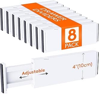 Lifewit Drawer Dividers, 10cm high, closet organizer, 28 to 44.5cm long, expandable dividers for storing clothes, T-shirts, pants, bathroom accessories, kitchen, office, white, 8 pack