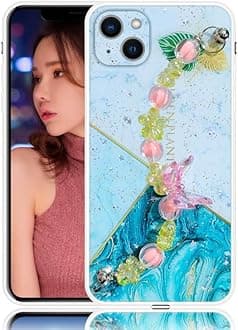 COVERLY TPU Butterfly Chain Phone Case for iPhone 14,Korea Cute 3D Dream Leaves Shinning Star Cute Fashion Style Butterfly Hold Stand Chain Back Cover Case for Apple iPhone 14 for Women Girls Teenager