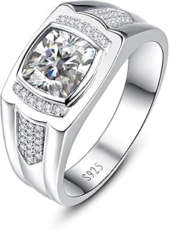 8 * 8mm 2.85CT 925 Sterling Silver Mens Gemstone Ring Princess Cut Created Black Onyx|Sapphire|Emerald|Ruby Mens Wedding Band Engagement Ring Pave CZ W/AAA Size 6-13