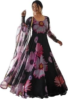 ShasmiWomens Organza Stylish Floral Printed Orgenza Anarkali Ankle Length Dress Gown, Kurta with Dupatta Set Anarkali Gown with Dupatta