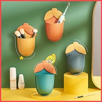 Wolpin Plastic Toothbrush Holders for Bathroom (Set of 2) | Stand for Toothpaste, Comb, Brush, Cream & Lotion | Kids Bathroom Cup, Waterproof & Self-Adhesive (Sweet Corn)