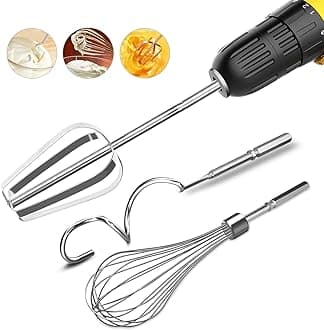 homicozy 3Pcs Hand Mixer Electric Attachments Set for Drill, Stainless Steel Mixer Electric Handheld Egg Beater, Whisk & Dough Hook for Drill, Mixer Handheld Drill Attachments for Drill (Not Included)