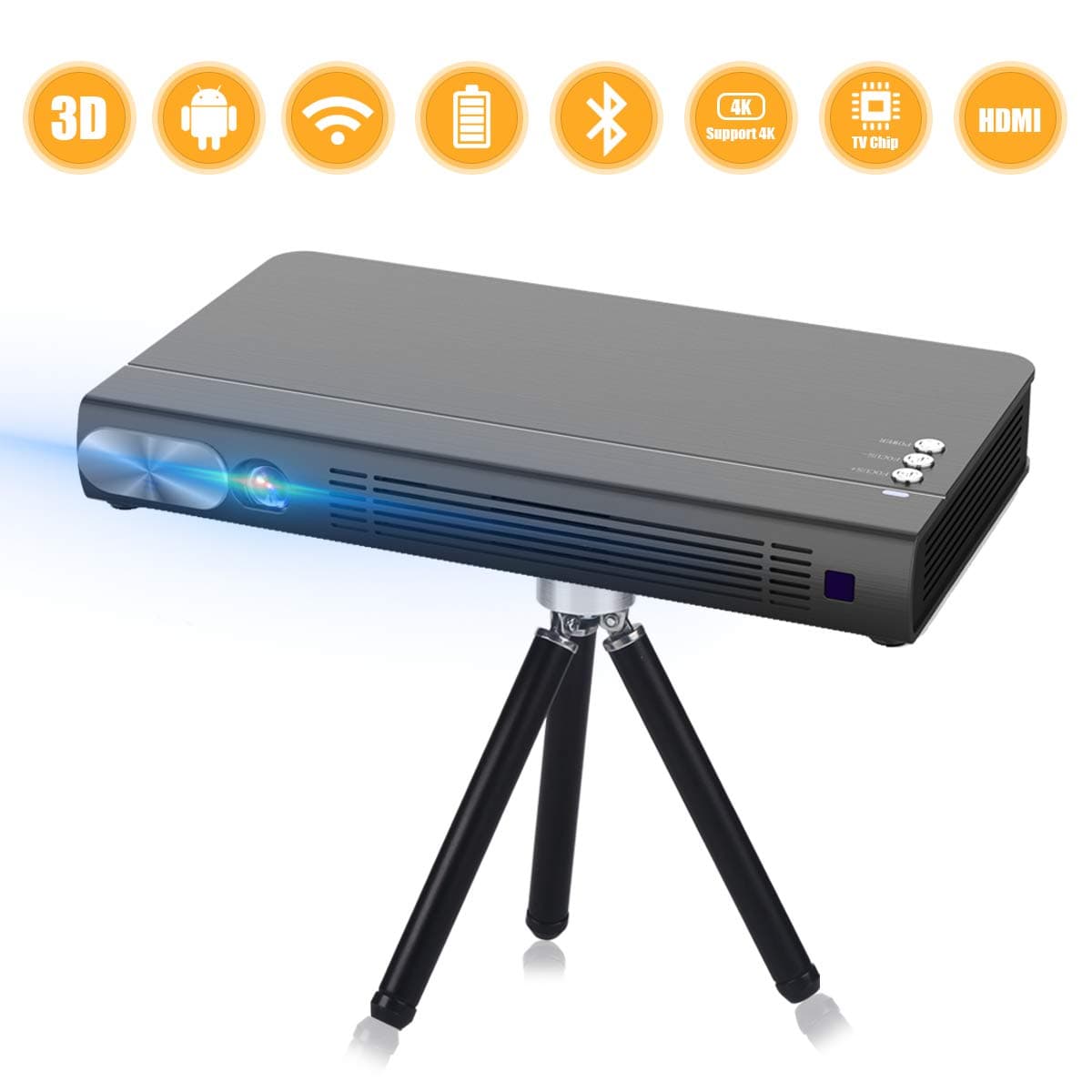 Mini Projector T6 2020 NEW Upgrade Android 6.0 Protable Video Projector Built-in Battery 3D DLP-Link 2400-Lumen Louder Speaker WIFI Bluetooth HDMI Support 4K Keystone Correction Black