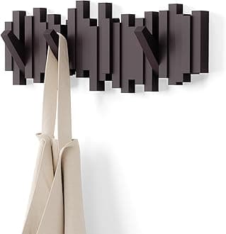 Umbra Sticks Wall-Mounted Coat Rack Rail Hook with 5 Retractable Pegs – Modern, Space-Saving Storage Organizer, Espresso