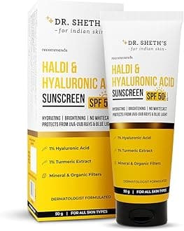 Dr. Sheth's Haldi & Hyaluronic Acid Sunscreen with 1% Hyaluronic Acid | Spf 50+ Pa+++ | Protects Against UVA/B & Blue Light | Hydrating & Brightening | For Men & Women | For All Skin Type | 50 g