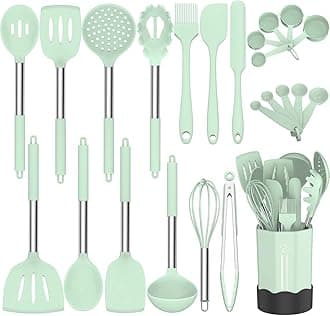 Silicone Cooking Utensil Set, Fungun Non-stick Kitchen Utensil 24 Pcs Cooking Utensils Set, Heat Resistant Cookware, Silicone Kitchen Tools Gift with Stainless Steel Handle (Green-24pcs)