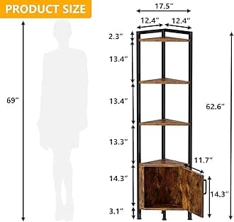 Furnulem Corner Shelf,5-Tier Corner Cabinet with Storage and LED Light, 62.8” Standing Display Bookshelf for Bedroom, Living Room, Kitchen, Wood Display Shelf (Rustic Brown)