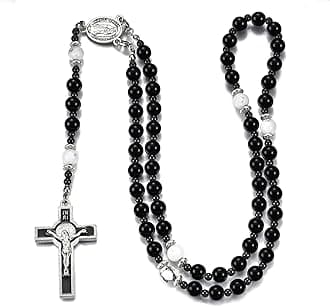 HANDMADE Catholic 8mm Beads Rosary for Men Wearable Large Black Rosary Necklace with Miraculous Medal Rosaries Catholic Gifts