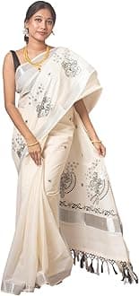 Women's Kerala Kasavu Embroidry Cotton Saree With Running Blouse Piece (embroidry flower Design)(Saree 5.5 meter, Blouse 0.8 meter), White