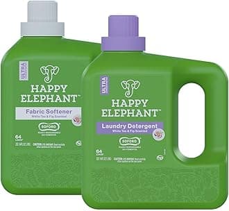 Happy Elephant Liquid Laundry Bundle, White Tea & Fig Scent, Natural Laundry Detergent & Fabric Softener, Plant Based, Stain Remover & Fabric Conditioner, Gentle on Skin, 64 Fl Oz Each, 2 Pack