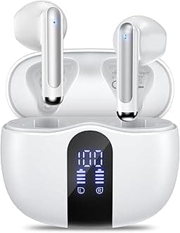 Wireless Earbuds, Bluetooth 5.4 Headphones HiFi Stereo with 4 HD Mic, 50H Playtime Bluetooth Earbuds with LED Display, IPX7 Waterproof Wireless Earphones, Touch Control Ear Buds,USB-C White