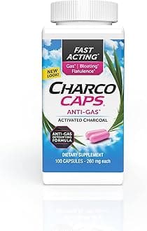 Charcocaps Fast Acting Gas Relief for Bloating & Flatulence, Drug Free Detoxifying Activated Charcoal Formula, 100 Capsules, 30 Day Supply, Pink