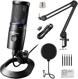 AT2020USB-X Cardioid Condenser USB Microphone with Microphone Arm + Wind Screen Pop Filter + Cleaning Cloth (4 Items)