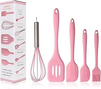 Silicone Spatulas Set - Pink 5 pcs Kitchen Utensil Set - Basting Pastry Brush - Pastry Oil Brush - Egg Beater - Slotted Turner - Silicone Cooking Spatula Non-Stick