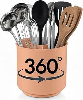 Cooler Kitchen Jumbo Rotating XL Peach Plastic Utensil Holder Caddy with Sturdy No-Tip Weighted Base, Removable Divider, and Gripped Insert - Dishwasher Safe Kitchen Utensil Holder for Countertop