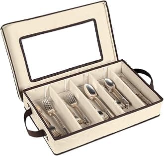 Flatware Storage Case - Durable 5 Compartment Silverware Storage Container Box with Removable Lid and Easy to Carry Handles - Large Capacity Keeps Your Cutlery Organized & Protected - Beige