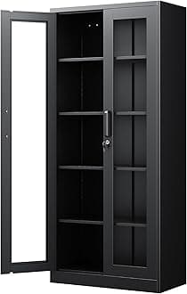 Display Cabinet with Glass Doors, 71 Inches Metal Display Case with 4 Adjustable Shelves, Curio Storage Cabinet with Lock for Home, Office, Book, Pantry, Assemble Required (Black)