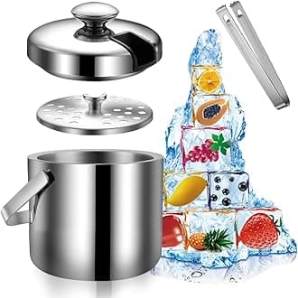 دلو ثلج من الستانلس ستيل بسعة 3 لتر مع غطاء، مصفاة وملاقط، حاوية مكعبات ثلج م...