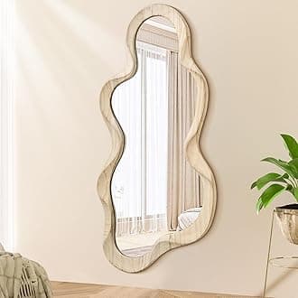 Asymmetrical Mirror for Decor Large 76x36cm Modern Wooden Framed Wall Mirrors Unique Shape Wall Mounted Vanity Artistic Wavy Mirror Decorative for Living Room Bedroom Bathroom Entryway Natural