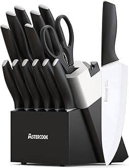 Astercook Knife Set, Kitchen Knives with Block and Sharpener 15 Pcs German Stainless Steel Knives Sharp Blade Dishwasher Safe Deba Knives with Ergonomic Handle, Elegant Black