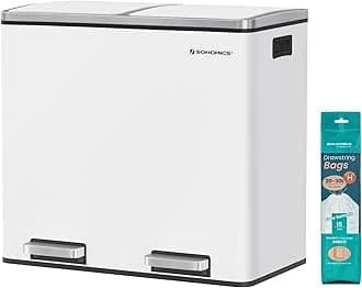SONGMICS Waste Bin, Waste Separation System with 2 Compartments, Pedal Bin for the Kitchen, 2 x 24 L, Soft Close, Plastic Inner Bucket with Foot Pedals and Handles, White, LTB48WT, 58.5 x 32 x 54.5 cm