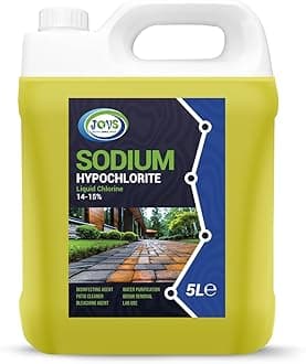 Sodium Hypochlorite 5 Litre – High Strength (14-15%) Driveway & Patio Cleaner – Concrete, Brick, Slab, UPVC, Roof & Fence Cleaner – Black Spot, Oil Stain & Odour Remover – Bleaching Agent