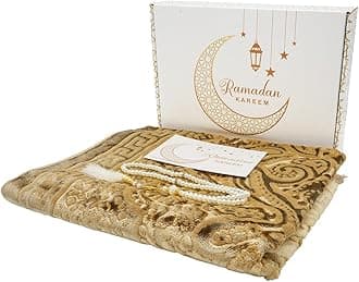 Modefa Muslim Prayer Rug Islam - Ramadan Gifts Set with Prayer Mat & Tasbih Prayer Beads - Soft Plush Islamic Gifts for Women Muslim Gifts for Men - Luxury Velvet Gift Box Set (Paisley Golden Yellow)