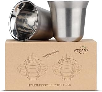 RECAPS 80ml Stainless Steel Espresso Cups Set - 2 Pack Double Wall 304 Stainless Steel Demitasse Cups 2.7oz