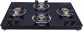 Slimmest 4 Burner Auto Ignition Gas Stove | 694 CT VETRO 2J (TKN CROWN DT AI) | Toughened Glass Top | Forged Brass Burners | Double Drip Trays | Euro-Coated Crown Pan Support | Black