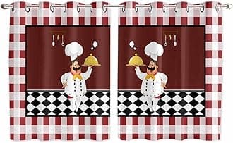 Kitchen Chef with Gourmet 2 Piece Window Curtain for Bedroom Living Room 52 Inch Long, Red Checkered White Lace Privacy Protection Drapes with Grommet Top (104" W x 52" L)