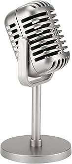 Facmogu Classic Retro Style Fake Vintage XLR Microphone Model with Stand, Antique Microphone Decor for Party Decorations - Silver