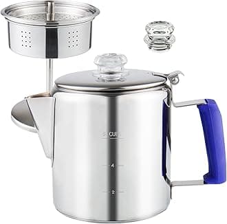 Multi Use Percolator Coffee Pot Stainless Steel Stove Top Coffee Maker with Two Tough Borosilicate Glass Knob Silica Handle Camping Coffee Pot Using on Campfire Stove & Induction Cooker Silver 6 Cup