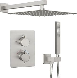 Thermostatic Shower System Wall Mount with 12 Inch Rainfall Shower Head and Handheld Bathroom Shower Set Contain Shower Faucet Mixer Valve Trim Kit (Valve Included),Brushed Nickel