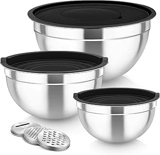 Mixing Bowls, Stainless Steel Nesting Salad Bowls with Lids Set of 3 & 3 Grater Attachments, For Mixing/Serving/Storing, Non-toxic & Long-lasting, Size 4.6/3 / 1.5 QT, Black