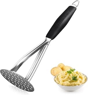 Stainless Steel Potato Masher, Heavy Duty Potato Press Baby Food Masher with Non Slip Handle for Smooth Mashed Potatoes, Jam, Vegetables and Fruits