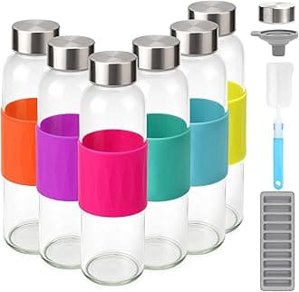 Zukro 18 oz Glass Water Bottles with Lids, 6 Pack Leak Proof Juice Bottles With Stainless Steel Cap for Juicing, Smoothie, Homemade Beverages Container, Reusable Drinking Jar with Grip Band, BPA Free