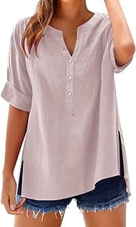 Linen Tops for Women Summer Work Shirts Trendy Button Down Plus Size V Neck Boho Clothes Spring Tops for Women 2025