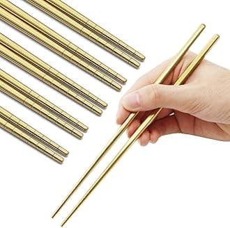 MUYOS Stainless Steel Chopsticks Reusable Multicolor Lightweight 304 Metal Chopsticks Dishwasher Safe - 5 Pairs (Gold)