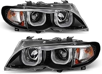 ACANII - For [Halogen Model] 2002-2005 BMW E46 Sedan 3-Series LED Tube Black Projector Headlights Headlamps Assembly
