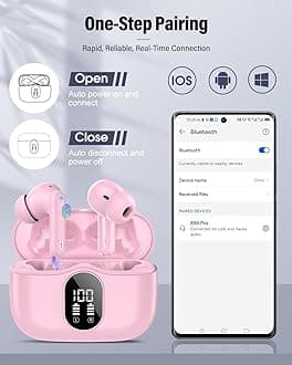 Btootos Wireless Earbuds, Bluetooth 5.4 Headphones Bass Stereo, Ear Buds with Noise Cancelling Mic, IP7 Waterproof in Ear Earphones, 36H LED Display Bluetooth Earbuds for Laptop Pad Phones, Deep Pink
