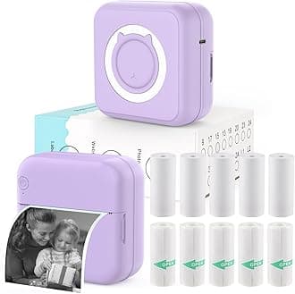 Mini Photo Printer - Portable Pocket Sticker Printers for iPhone Thermal Printer with 10 Rolls Thermal Paper for Photo, Memo, Journal - Purple