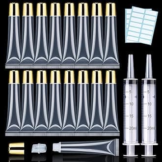 AMORIX 50PCS Lip Gloss Tubes 20ml Gold Cap Lip Gloss Containers Empty Lip Balm Tubes Refillable Cosmetic Squeeze Lipgloss Tubes + 2 x 20ml Syringes Tag Labels for DIY Lip Gloss Glitter