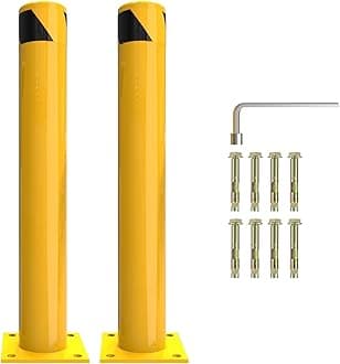 Safety Bollard, 42 Inch Heigh Steel Bollards, 4.5 Inch Diameter Parking Bollard, Yellow Powder Coated Parking Barrier Post, Steel Bollard with 8 Anchor Bolts, Ideal for Traffic-Sensitive Area(2 Pack).