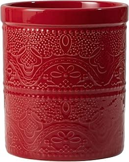 FE FUN ELEMENTS Large Kitchen Utensil Holder, 7.2'' Heavy and Stable Lace Emboss Ceramic Crock for Countertop (Red)