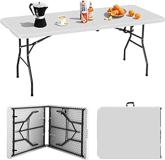 6ft Folding Table, Heavy Duty Foldable Table with Handle, Portable Fold-in-Half Utility Tables for Indoor & Outdoor Use Perfect for Camping BBQ Party Wedding Market Events, White
