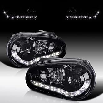 Autozensation Compatible with 1999-2006 Volkswagen Golf MK4, 1999-2006 Volkswagen GTI, Left + Right Pair Headlamps Assembly, LED Strip Glossy Black Housing Smoke Lens Projector Headlights